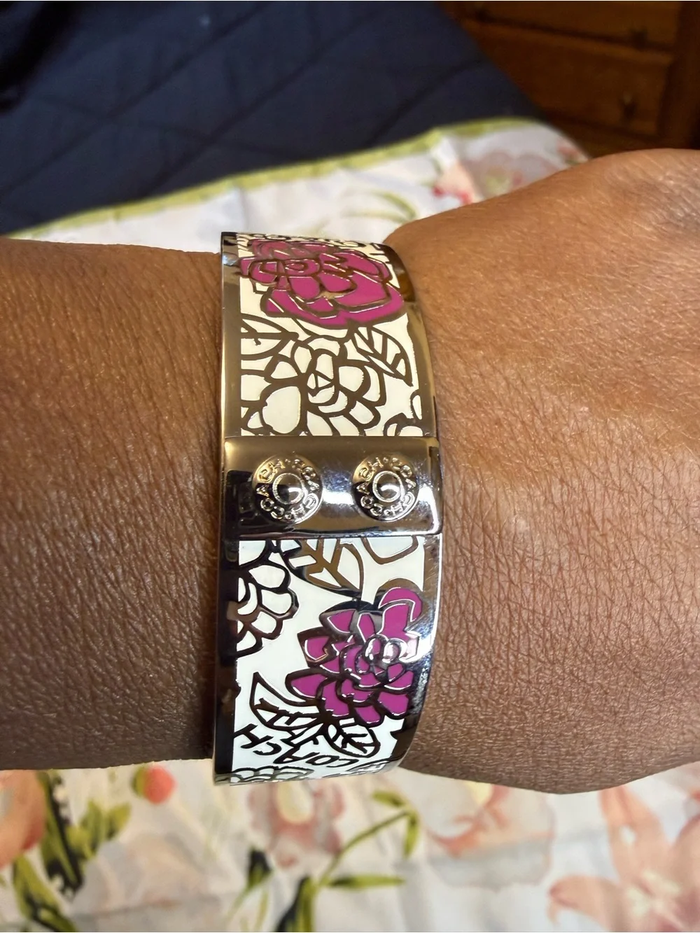 Coach | Jewelry | Coach White Enamel Bangle With Pink Floral Accents ...